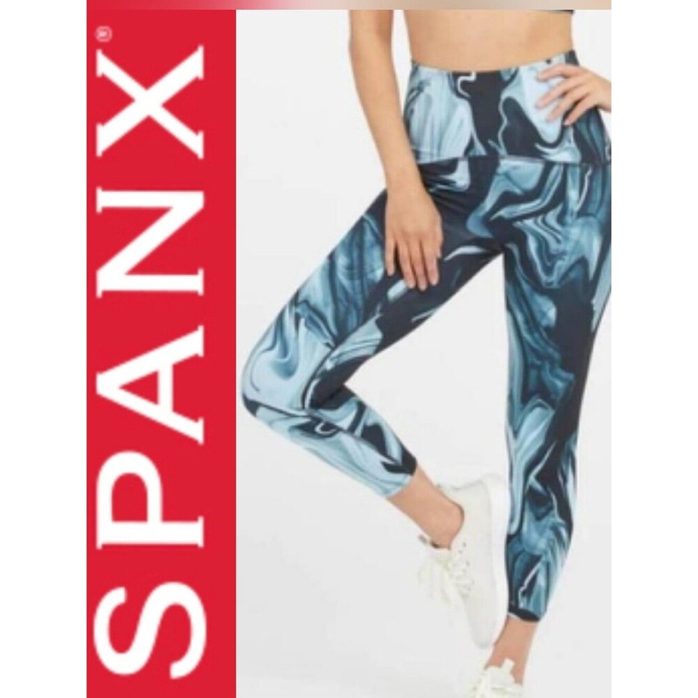 SPANX Active 7/8 Leggings Blue Black Marble High Rise Yoga Pant S/Petite